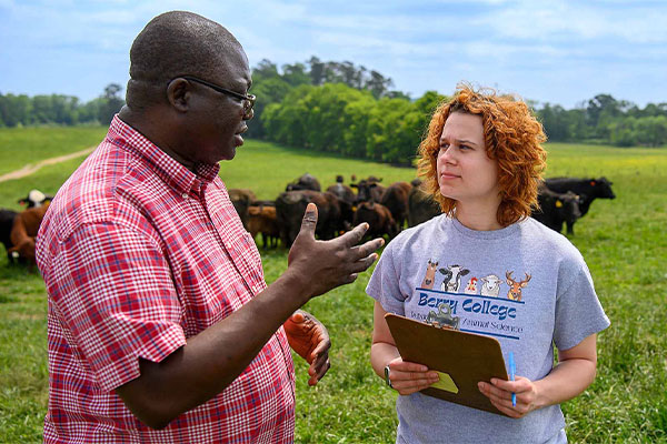 Sarah Roberts holding a clipboard in a field with cows in the background while speaking with a professor