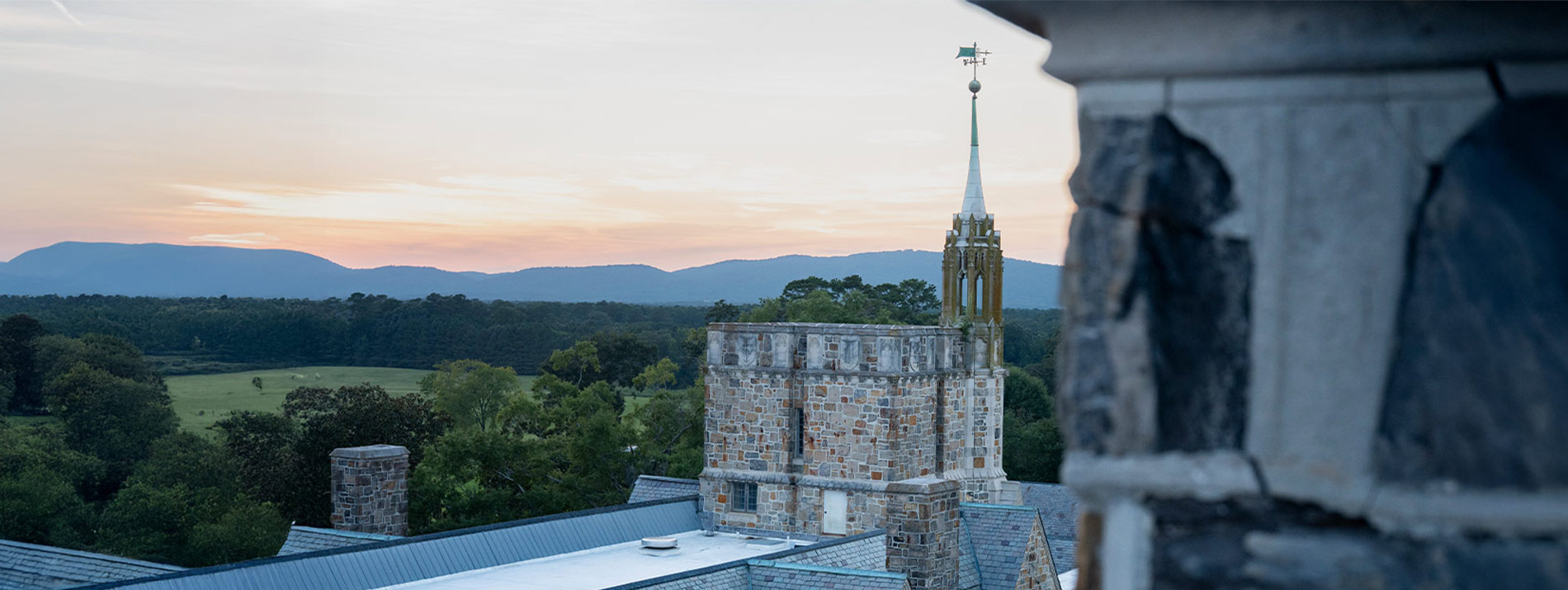 Rooftop view of Berry College Ford Building at sunset