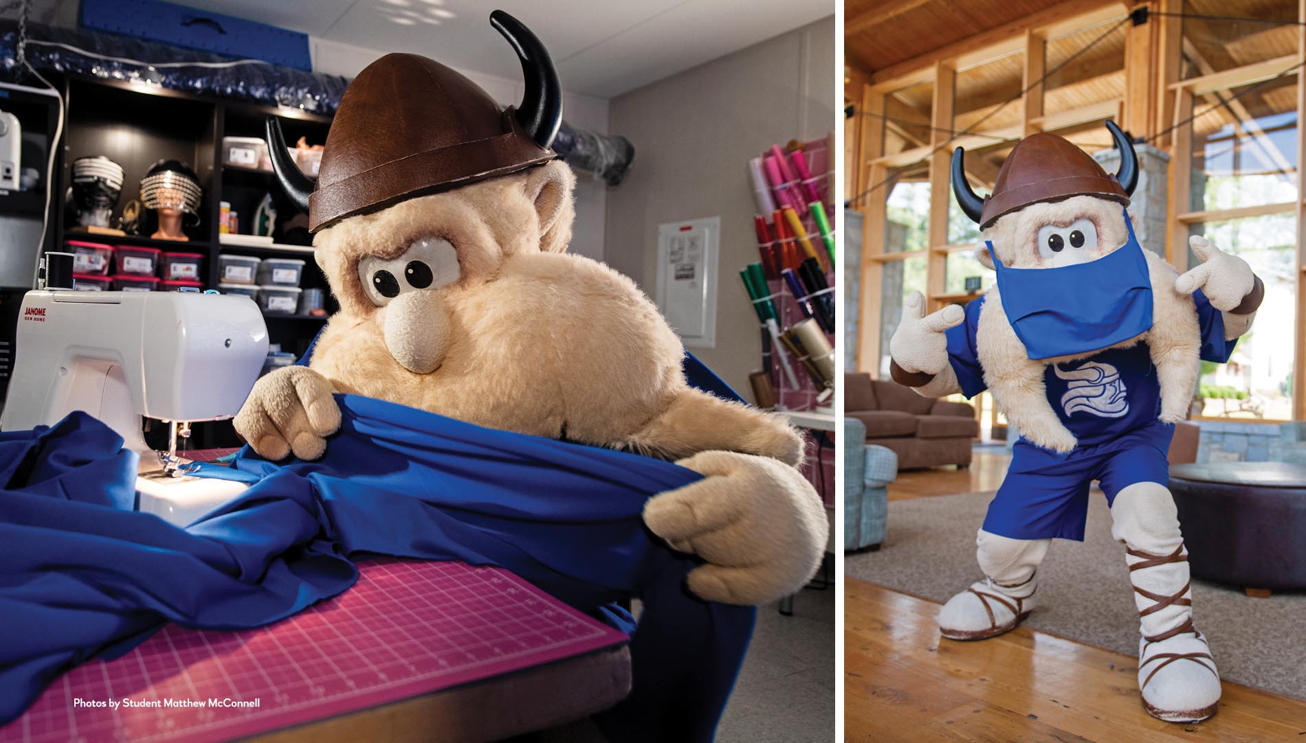 Victor the Viking mascot sewing large face masks