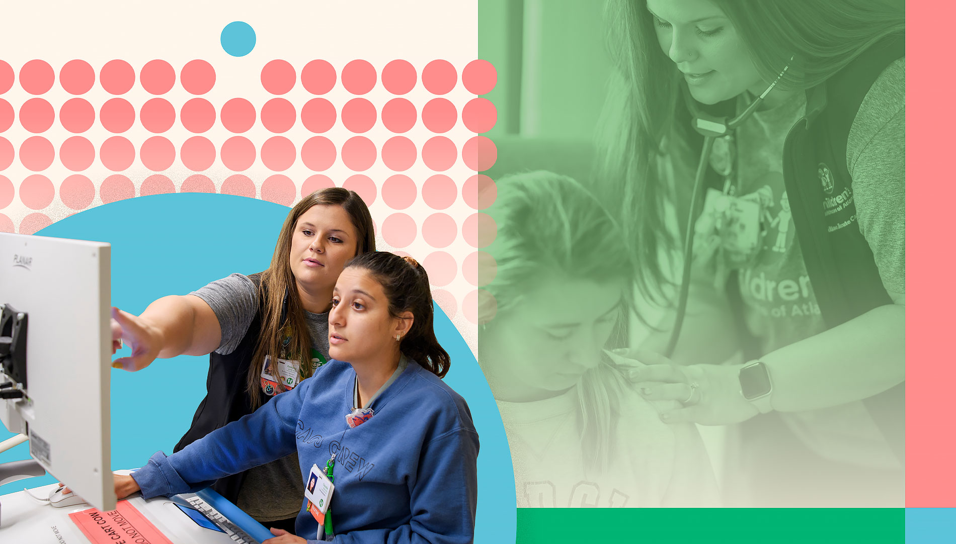 Danielle Cain working with a fellow nurse with a transparent image of her working with a patient in the background.