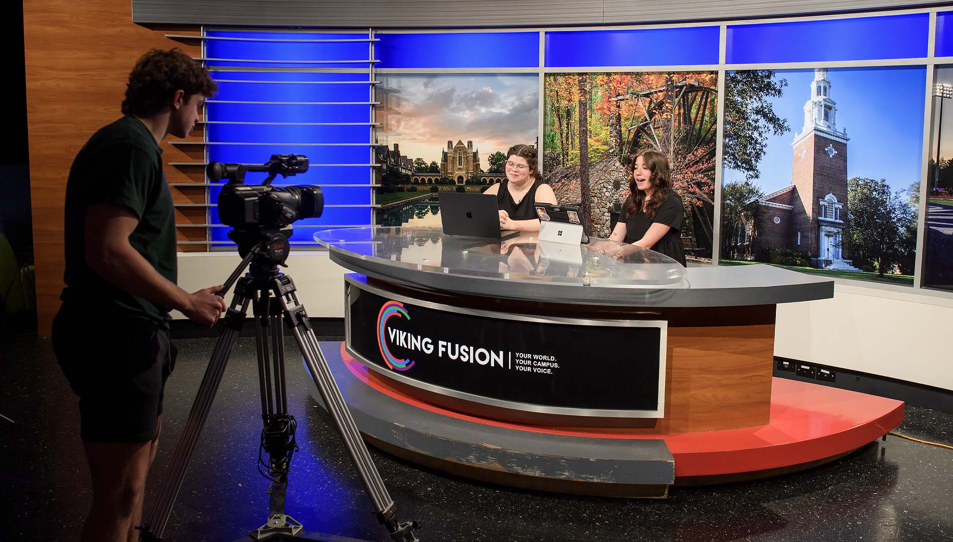 Members of the Viking Fusion news team using their new-to-them set