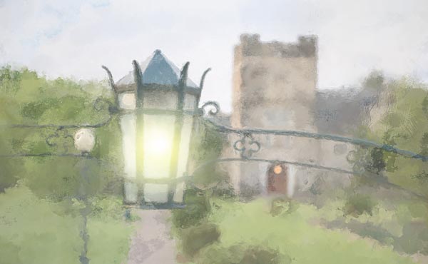 Lamp shining with Ford buildings in background with watercolor paint effect