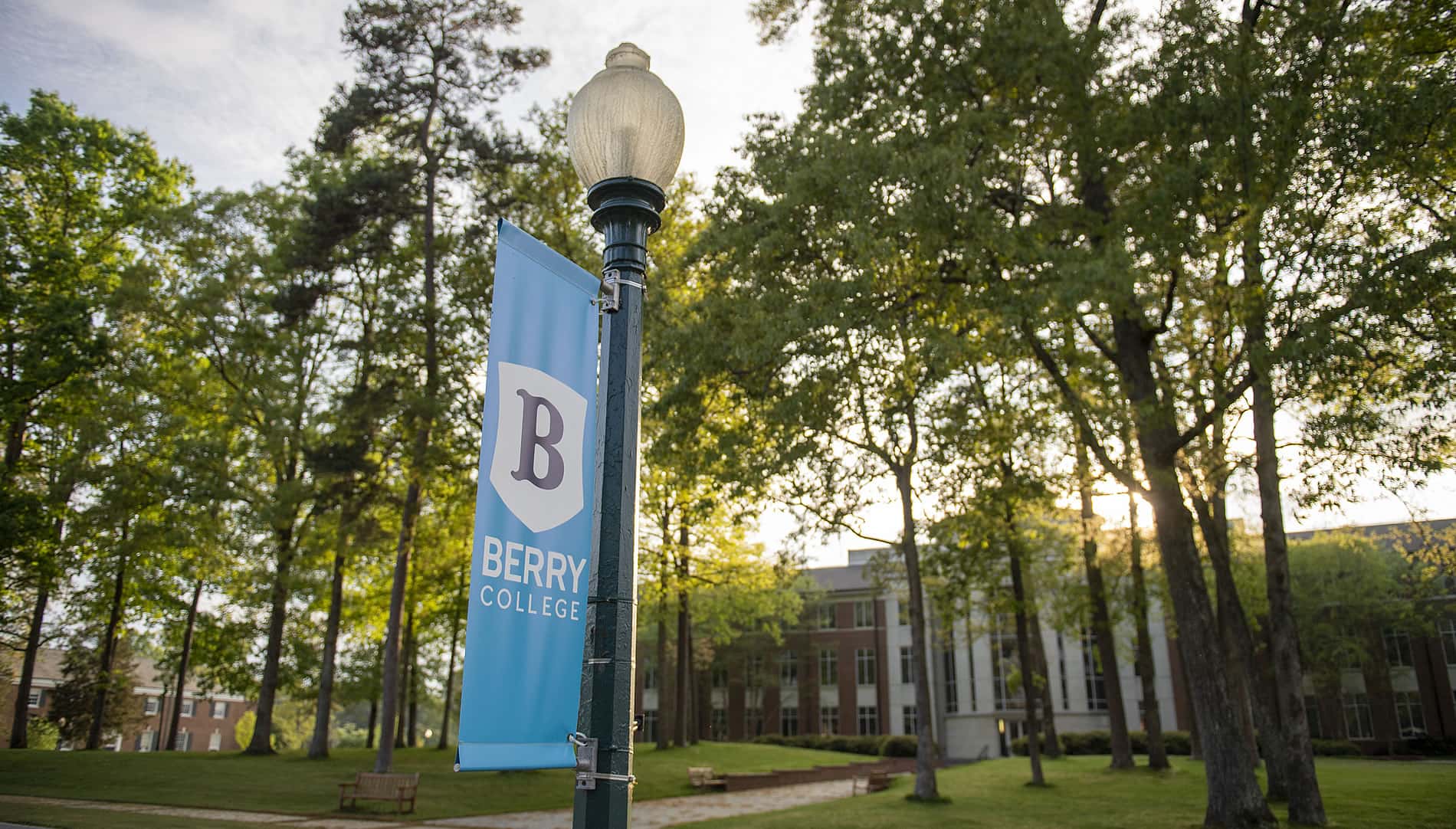 Berry College banner on lamp post