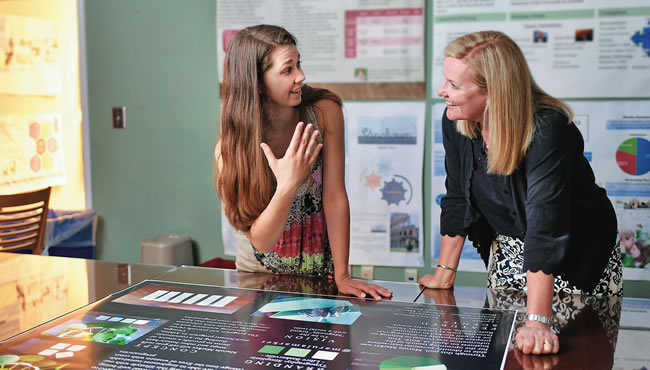 A student and a professor surrounded by charts